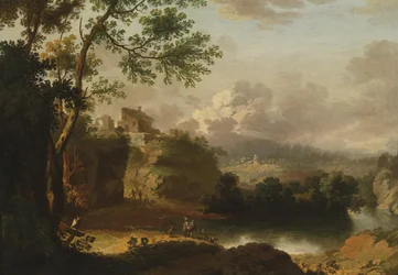 Paisaje montañoso con un río y figuras